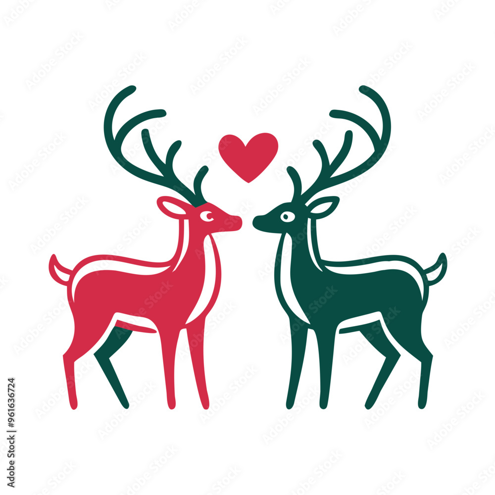 Two cartoon reindeer in love with a heart between them on a white background Two cartoon reindeer in love with a heart between them on a white background