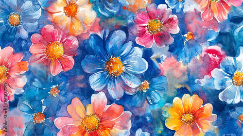 A vibrant watercolor floral pattern featuring colorful blossoms in blue, pink, and orange hues for a cheerful aesthetic.