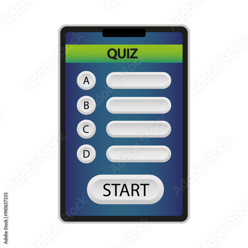 Quiz app interface. Multiple choice layout. Start button focus. Gradient blue background.