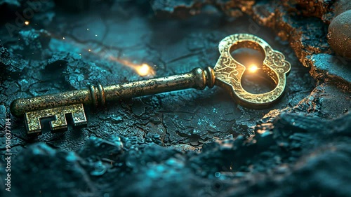 Ancient golden key on a textured blue surface, treasure and mystery concept