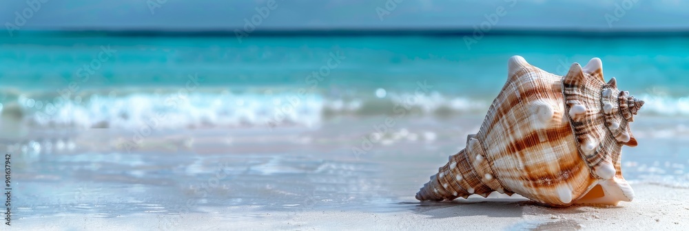 Beautiful summer background with a seashell on a sandy beach and blue sea on a sunny day. Holiday concept. Beautiful summer background with a seashell on a sandy beach and blue sea on a sunny day. Holiday concept.