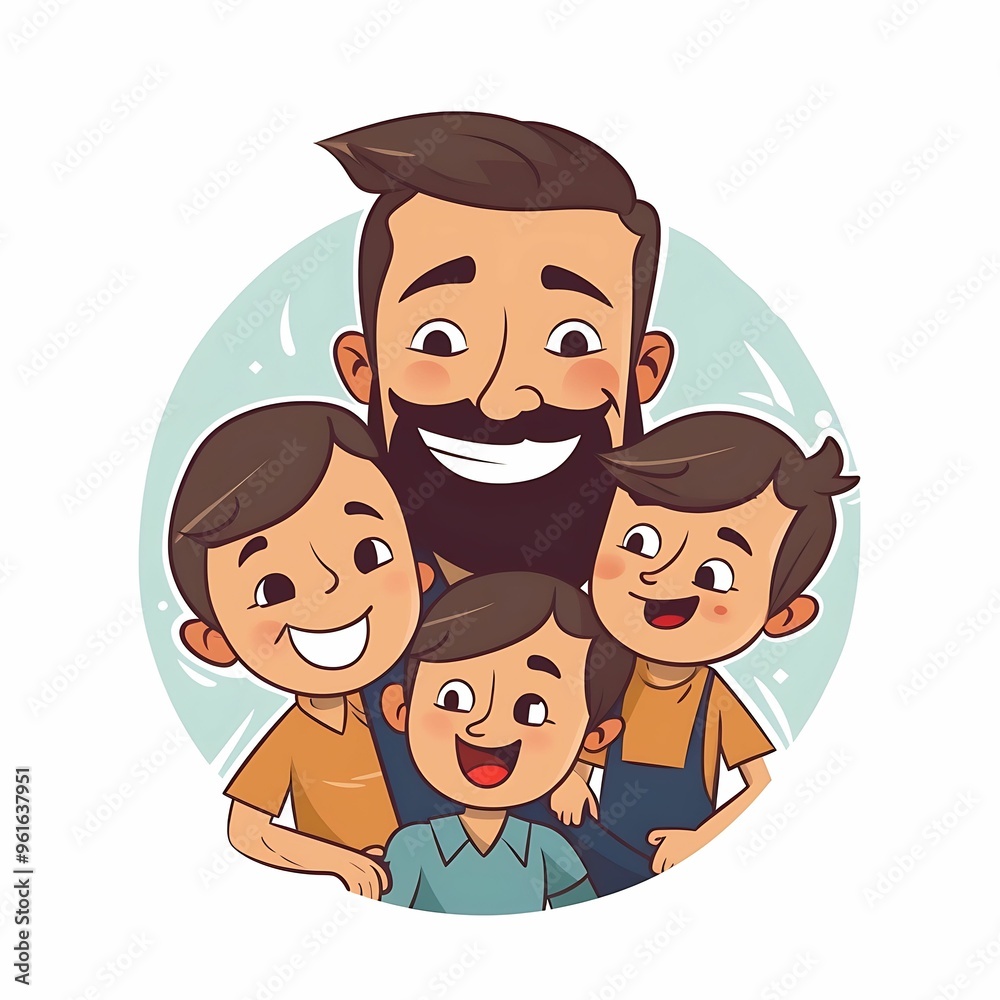 A father enjoying a joyful moment with his three smiling sons in a cheerful illustration A father enjoying a joyful moment with his three smiling sons in a cheerful illustration