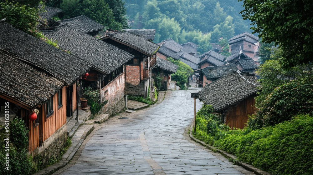 Tranquil street in a rural Chinese village, surrounded by rice terraces Tranquil street in a rural Chinese village, surrounded by rice terraces