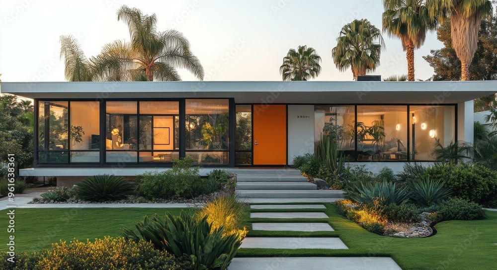Modern Contemporary House with Palm Trees, Pool, and Glass Doors Modern Contemporary House with Palm Trees, Pool, and Glass Doors