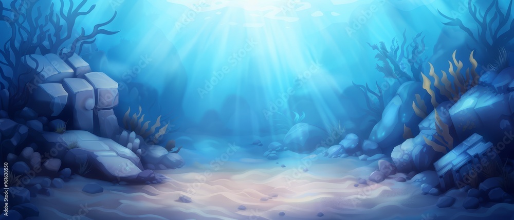 Naklejka premium rocks and corals line the seabed, illuminated by sunlight filtering through the water