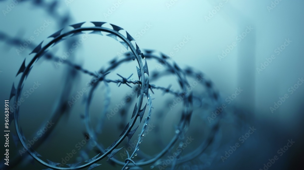 A barbed wire fence with a grey, foggy, depressed atmosphere. The concept of border, prison, war or immigration. A barbed wire fence with a grey, foggy, depressed atmosphere. The concept of border, prison, war or immigration.