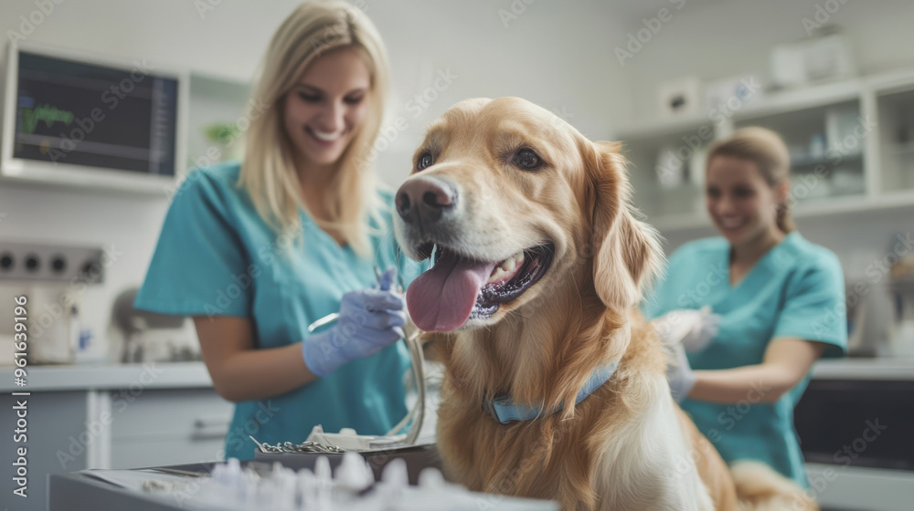 Veterinary team in Canada, performing dental work on a dog in a well-equipped clinic.