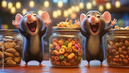 Two joyful animated rodents celebrate snacks in a cozy, colorful setting photo