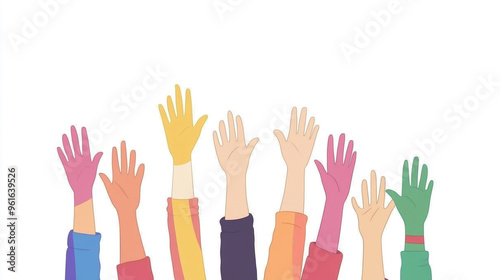 Colorful hands raised in celebration, showcasing diversity and unity. Perfect for illustrating teamwork and collaboration.