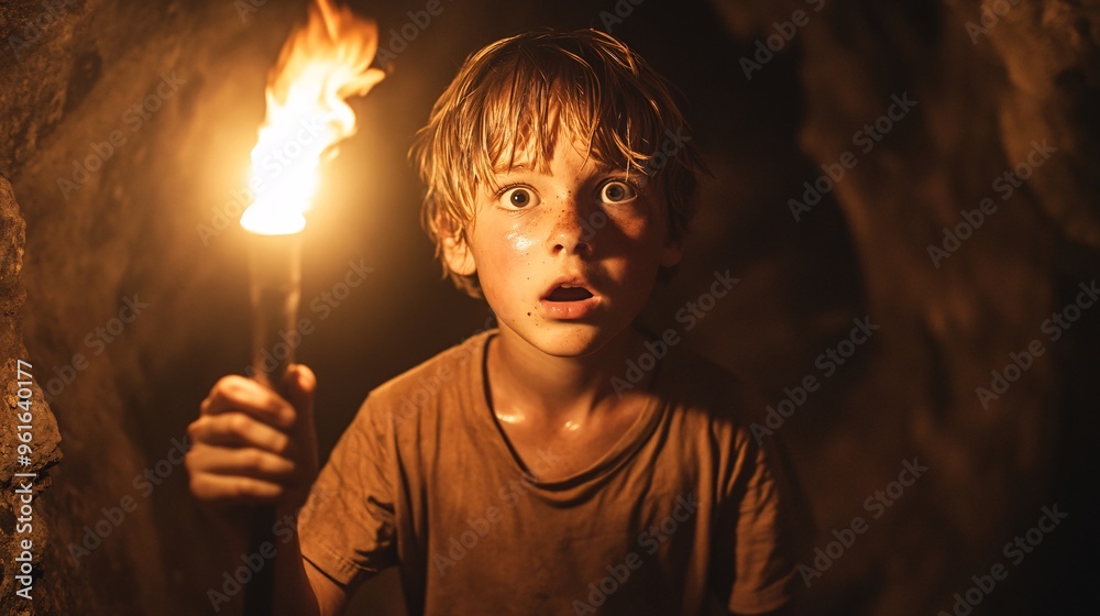 Fototapeta premium Scared Little Boy Holding a Torch in the Dark Cave