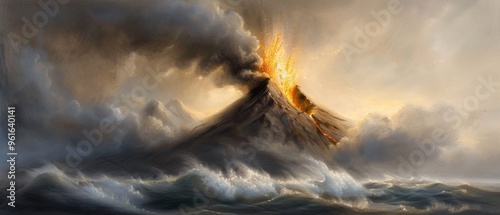  A volcano painting over a large body of water, emitting copious amounts of smoke photo