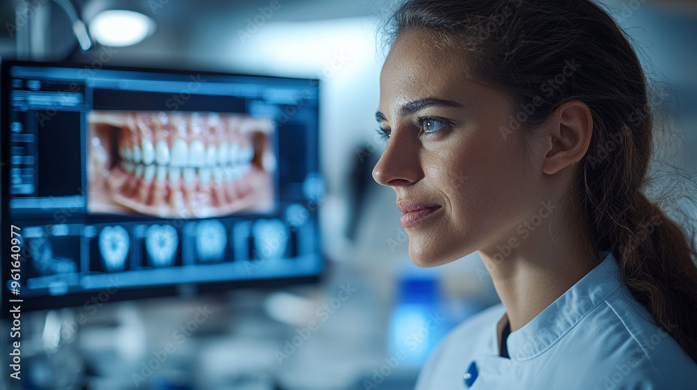 Female dentist examining dental x-rays on a screen in a modern clinic, showcasing professional dental care and technology. Female dentist examining dental x-rays on a screen in a modern clinic, showcasing professional dental care and technology.