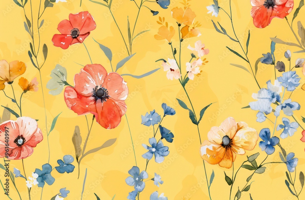 Seamless Floral Pattern with Red, Blue, and Yellow Flowers on Yellow Background - Watercolor Design for Fabric and Wallpaper Seamless Floral Pattern with Red, Blue, and Yellow Flowers on Yellow Background - Watercolor Design for Fabric and Wallpaper