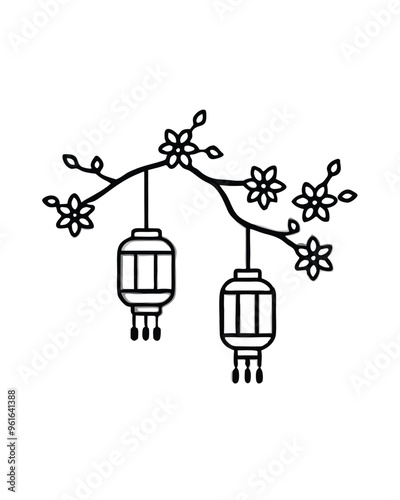 Editable stroke vector illustration of two lanterns hanging from a branch with flowers.