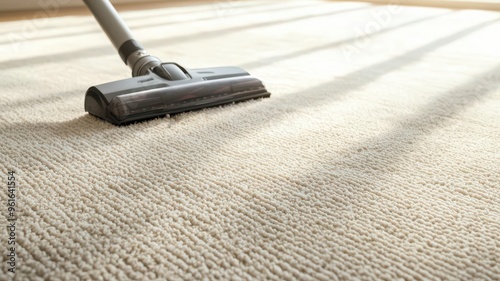 Person vacuuming a large area rug, removing dust and allergens photo