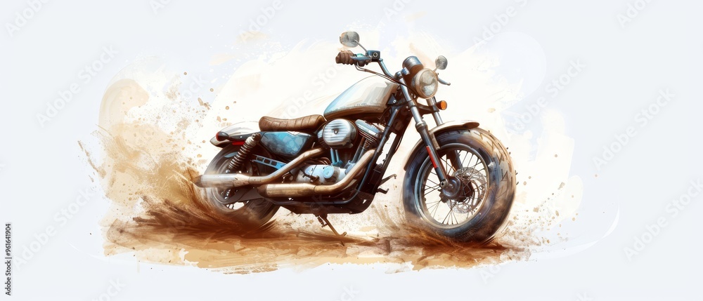 A motorcycle painted against a white backdrop, adorned with brown and blue splatters A motorcycle painted against a white backdrop, adorned with brown and blue splatters