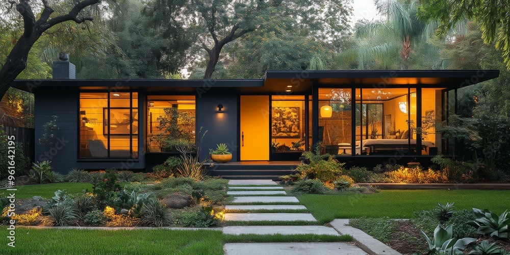 Fototapeta premium Modern Contemporary House with Large Yard and Outdoor Seating