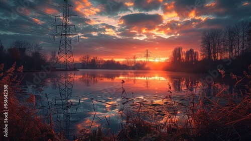 A breathtaking sunset over a serene lake with reflective water, silhouetted trees, and towering power lines creating a mesmerizing landscape scene