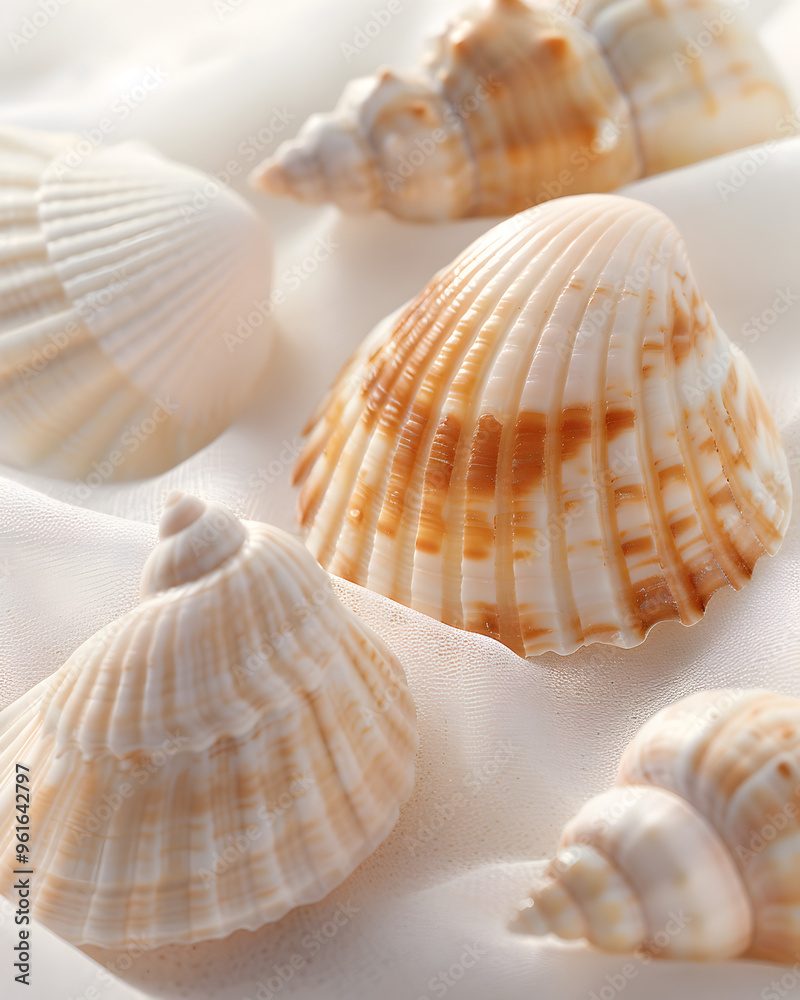 Obraz premium Close-up of multiple seashells with a pearlescent finish, highlighting their shapes and textures.