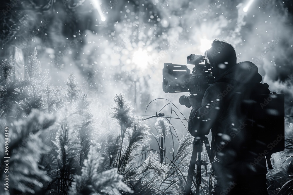 Fototapeta premium A photographer captures stunning visuals through a professional camera amidst snow-covered foliage in a mystical, illuminated forest setting