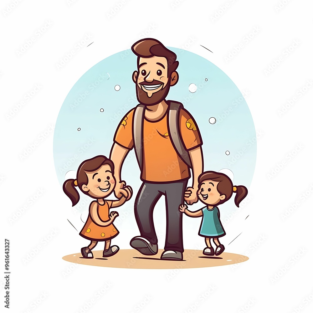 Father enjoying a playful walk with his two daughters in a sunny outdoor setting
