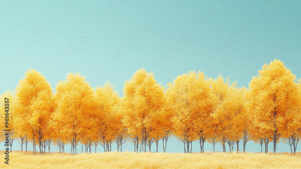 A yellow autumn background featuring a cluster of trees with vibrant yellow leaves against a clear blue sky, A yellow autumn background featuring a cluster of trees with vibrant yellow leaves against a clear blue sky,