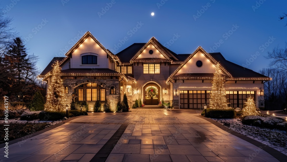A house with lights and snow on the roof, front view of a garage door lit up at night, a parking lot full of cars, white walls, snow covering the ground, a winter scene A house with lights and snow on the roof, front view of a garage door lit up at night, a parking lot full of cars, white walls, snow covering the ground, a winter scene