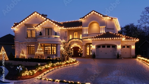 A house with lights and snow on the roof, front view of a garage door lit up at night, a parking lot full of cars, white walls, snow covering the ground, a winter scene