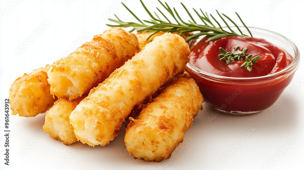 Crispy delicious fried mozzarella cheese sticks with tomato souse. Deep fried cheese sticks on a white isolated background. AI generation