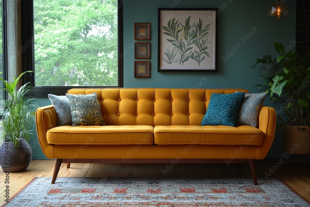 Obraz premium Yellow Velvet Couch in Modern Living Room | Comfortable Seating