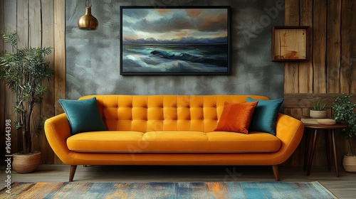 Wallpaper Mural Vibrant Modern Living Room with Orange Couch and Abstract Painting Torontodigital.ca