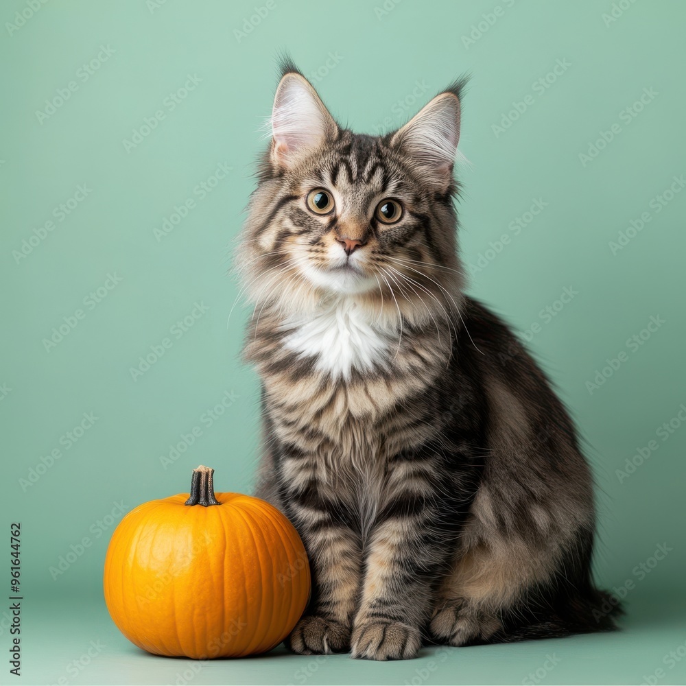 Maine Coon cat sitting next to a pumpkin on a green background Maine Coon cat sitting next to a pumpkin on a green background