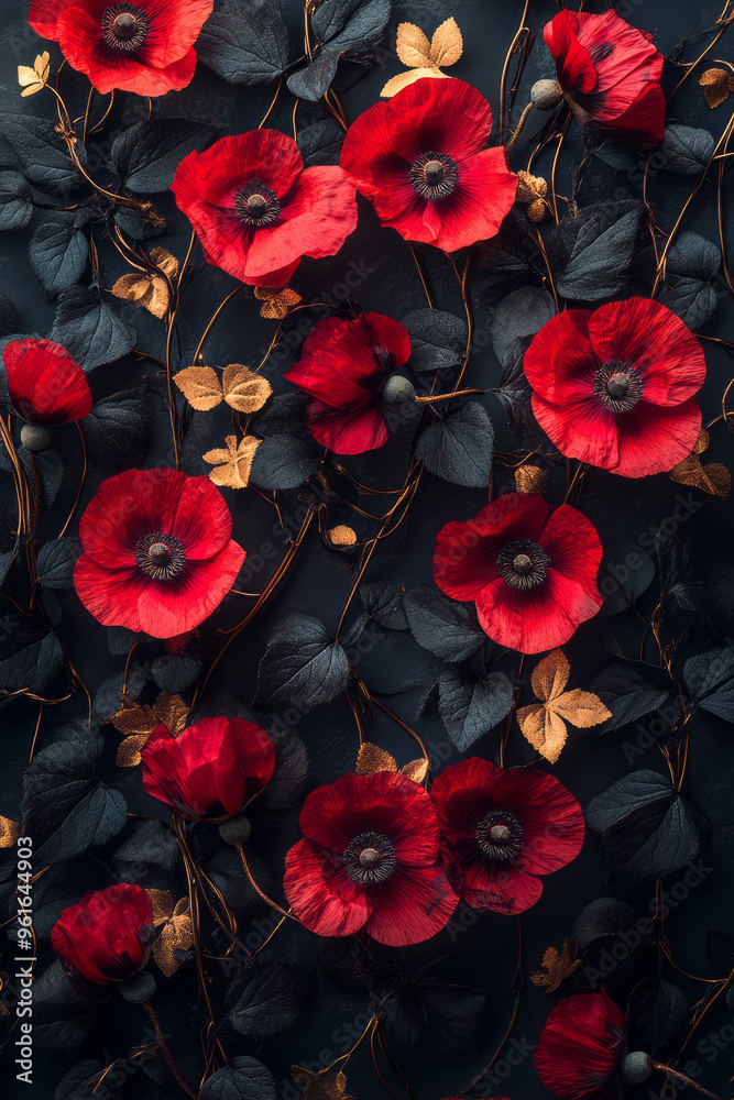 An elegant floral frame of dark red poppies and black ivy, interwoven with gold threads, An elegant floral frame of dark red poppies and black ivy, interwoven with gold threads,