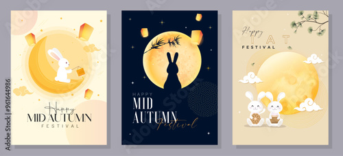 Set of Mid-Autumn Festival card designs with the full moon, rabbits, and Asian patterns. Vector illustration. Mid-Autumn Festival.