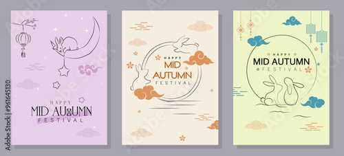 Set of Mid-Autumn Festival card designs with the full moon, rabbits, and Asian patterns. Vector illustration. Mid-Autumn Festival.