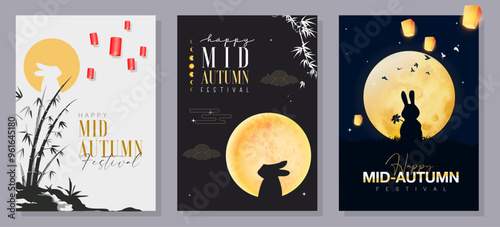 Set of Mid-Autumn Festival card designs with the full moon, rabbits, and Asian patterns. Vector illustration. Mid-Autumn Festival.