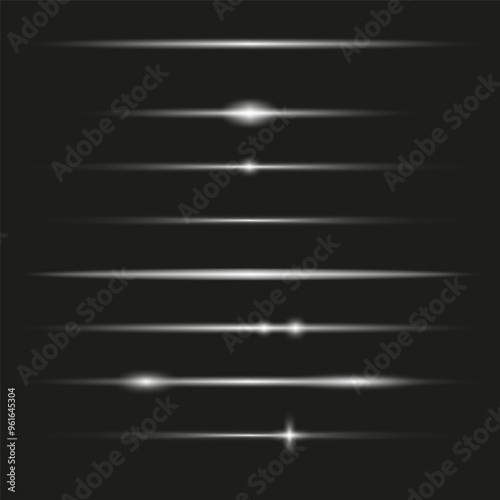 Light streaks illustration. Glowing line elements. Bright horizontal flares. Dark background effect.