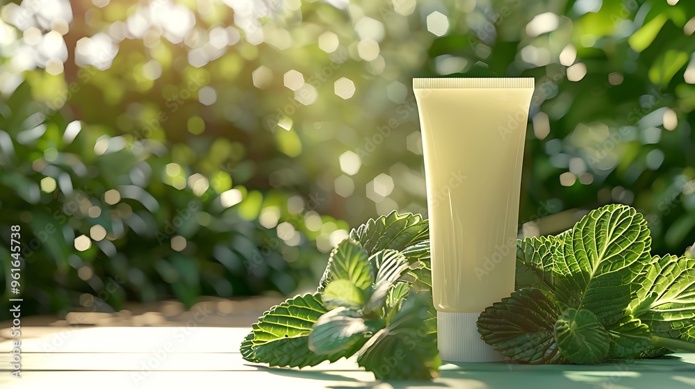 A tube of peppermint body butter set on a table with fresh peppermint leaves A tube of peppermint body butter set on a table with fresh peppermint leaves