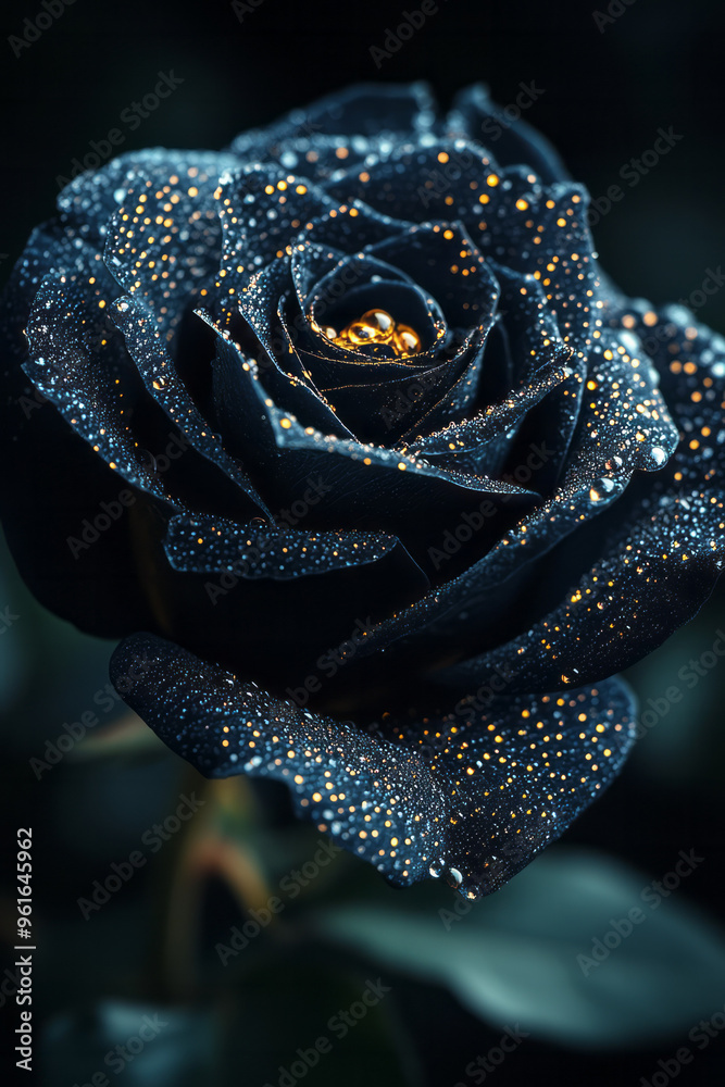 Close-up of dark, velvety petals of black roses with tiny golden dew drops, Close-up of dark, velvety petals of black roses with tiny golden dew drops,