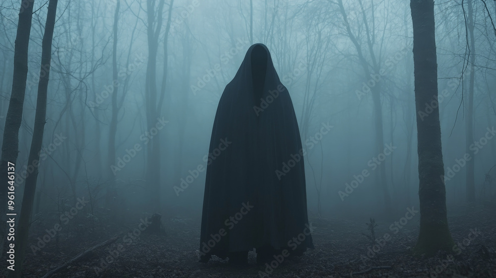 Halloween Mysterious Cloaked Figure in Misty Forest
Halloween Mysterious Cloaked Figure in Misty Forest