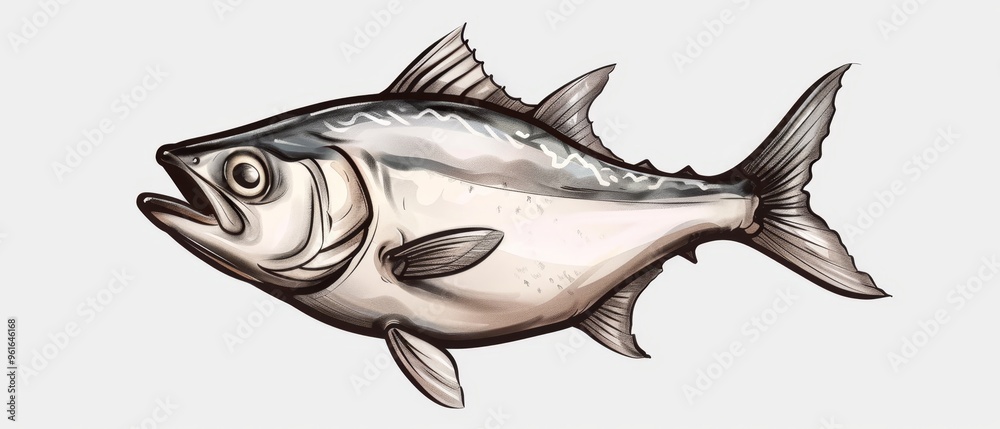 Fototapeta premium A black-and-white fish drawing against a white backdrop, featuring another black-and-white fish line art on the same white background