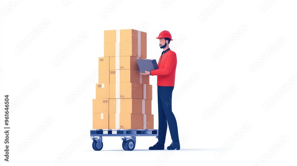 Warehouse Employee Checking Inventory with Boxes on a Trolley Inside a Bright Workspace Warehouse Employee Checking Inventory with Boxes on a Trolley Inside a Bright Workspace