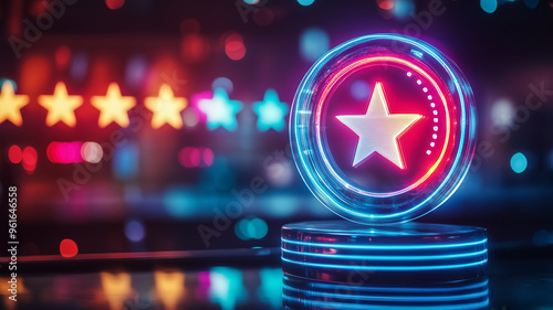 Neon Glowing Star Trophy on Reflective Surface with Colorful Bokeh Background in Modern Style