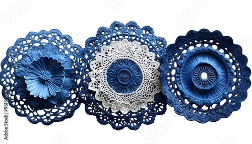  three blue doilies arranged in a triangular formation. The doilies are made of lace and have a delicate, intricate design