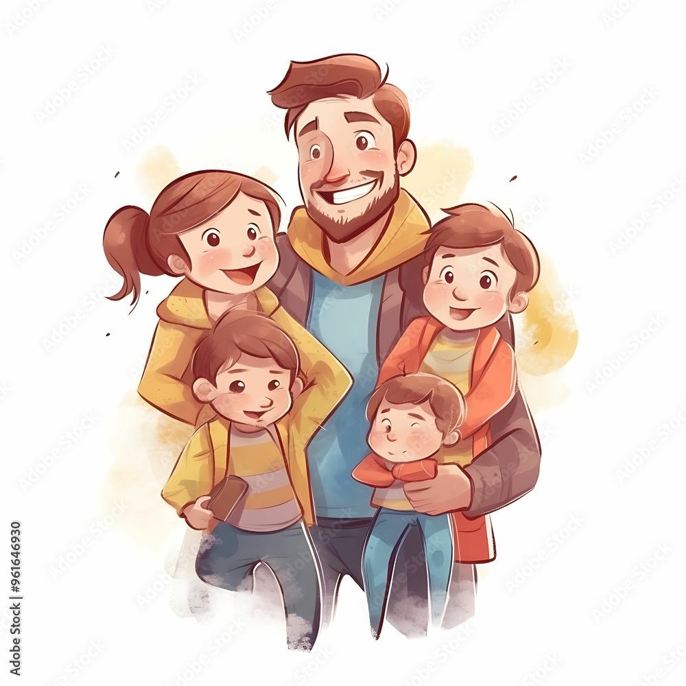 Happy family portrait with dad and four kids smiling together in a playful setting Happy family portrait with dad and four kids smiling together in a playful setting