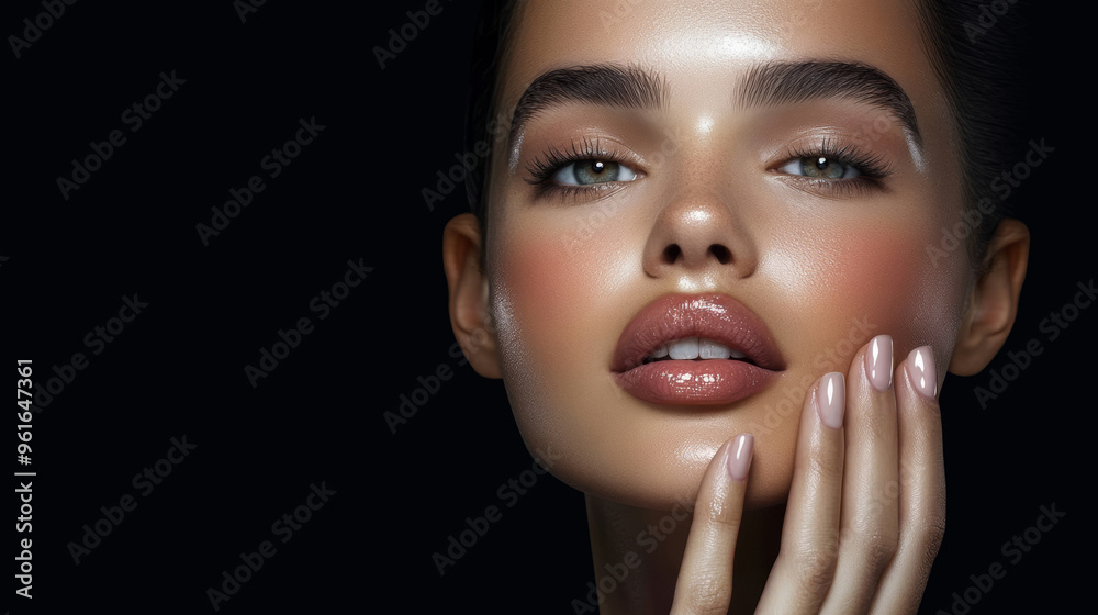 Close-up portrait of a beautiful woman with glossy makeup, highlighting her radiant skin and polished nails against a black background. Close-up portrait of a beautiful woman with glossy makeup, highlighting her radiant skin and polished nails against a black background.