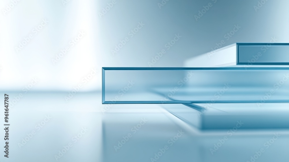Minimalist abstract image of layered transparent glass panels in light blue tones, creating a serene and modern visual composition. Minimalist abstract image of layered transparent glass panels in light blue tones, creating a serene and modern visual composition.