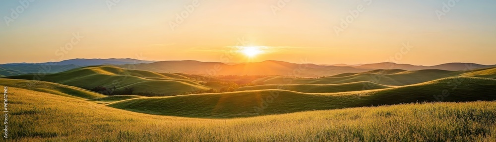 Obraz premium Scenic sunset over rolling hills with golden grass, capturing the serene beauty of nature and tranquility of the countryside landscape.