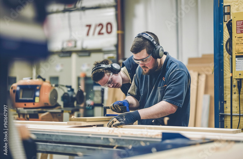 Two Skilled Woodworkers Using Tools in a Professional Workshop Setting