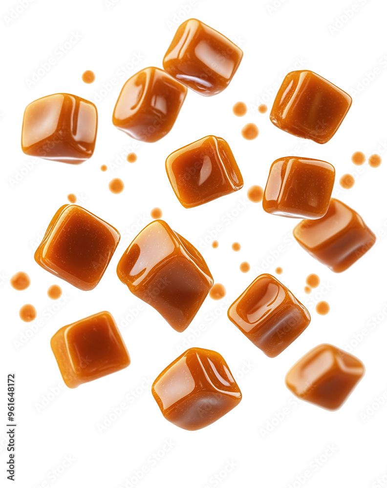 Falling caramel candies, isolated on white background Falling caramel candies, isolated on white background